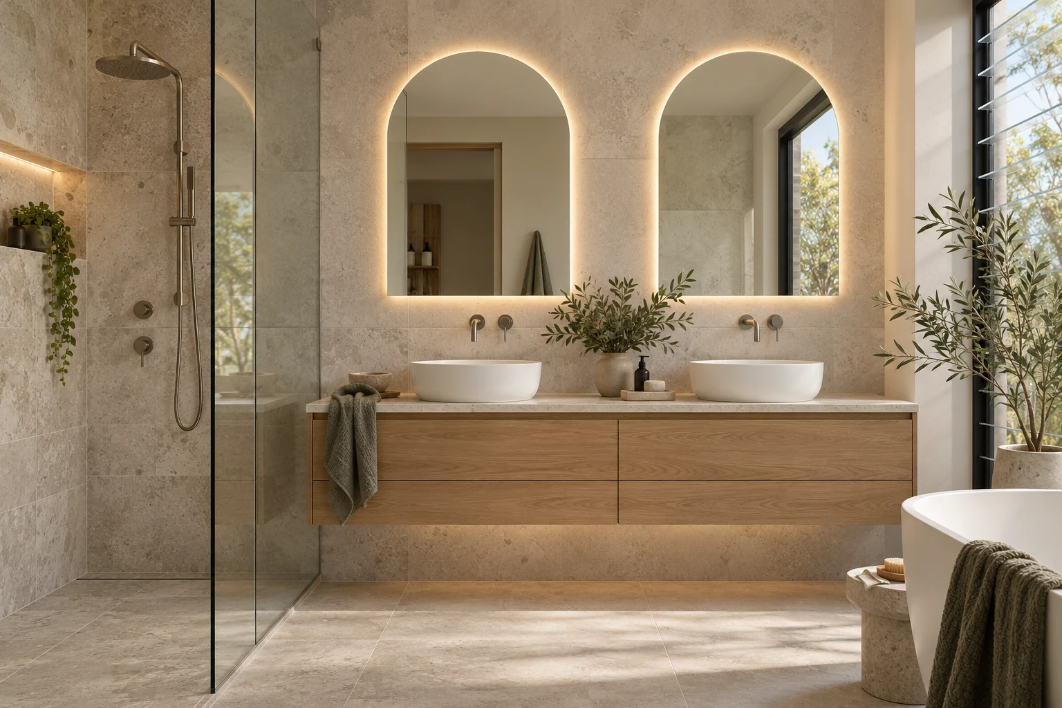 Illustrative Australian bathroom with twin illuminated LED mirrors